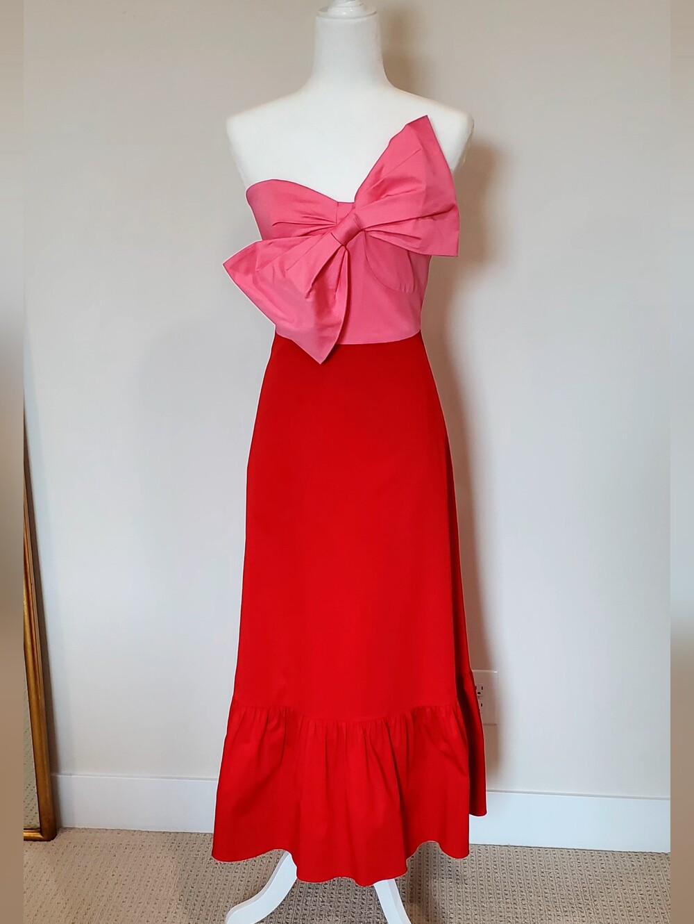 Hutch Pink/Red Colorblock Strapless Big Bow Poplin Full Skirt Midi Dress 14 EUC